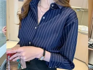 Striped Shirt Women Summer Vintage Chic Loose Long Sleeve Top Y2K Office Ladies Fashion Casual Turn Down Collar All Match Blouse