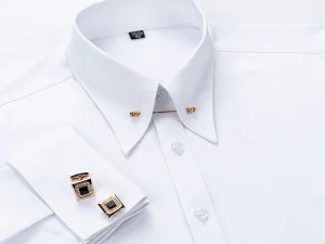 Embroidered French Cufflinks Men's Long-Sleeve Shirt with Collar Pins, Big Collar Dress Shirt for Business Formal Wear, Gentlema