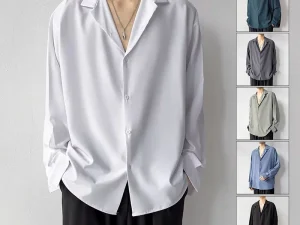 Korean Fashion Men's Shirt Spring Summer New Loose Casual Long-sleeved Lapel High Street Male Suit Shirt White Black Gray Green