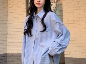 Korean Fashion Blue Striped Shirt Women 2025 Autumn Long Sleeve Loose Blouses Woman Chic Pocket Turn Down Collar Shirts Female