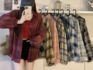 Tops Women Sheer Chiffon Plaid Shirt Long Sleeve Button Up Collared Oversize Checked Shirts and Blouse Summer Casual Outfit