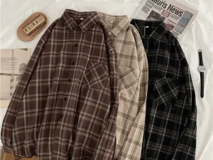 Plaid Shirts Vintage Long Sleeve Oversize Button Up Shirt Korean Fashion Casual Single Breasted Button Blouse Fall Outwear Tops