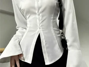 Sexy Slim Flared Sleeve Women's Shirt Solid Lapel Single-breasted Back Bandage Tunic Female Blouses Spring Trend New Lady