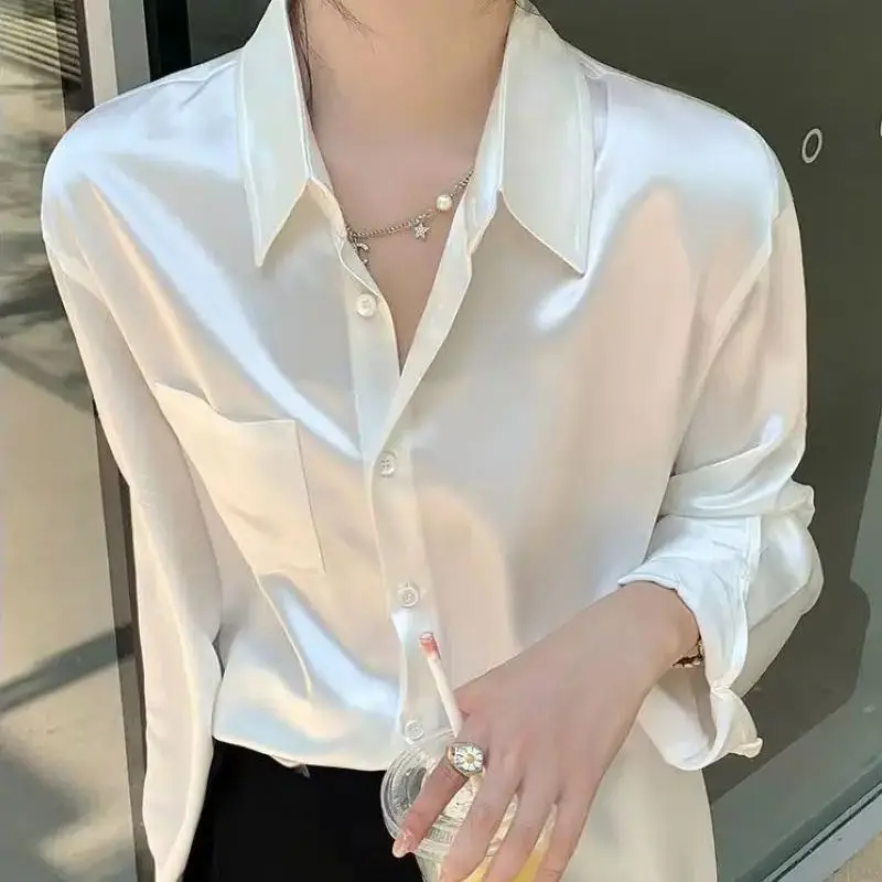 Spring White Satin Women Shirts Long Sleeve Button Solid Color Blouse Casual Office Lady Shirt Elegant Female Tops Fashion