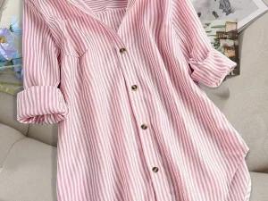 Plus Size Women's Fashion Striped Lapel Single Breasted Blouse Shirt Autumn Spring Ladies Casual Loose Long Sleeve Button Shirt