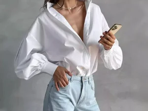 Women's Lantern Sleeve Oversized Blouse 2025 New Casual Loose Streetwear Black White Shirt Woman Vintage All-Match Basic Blusas