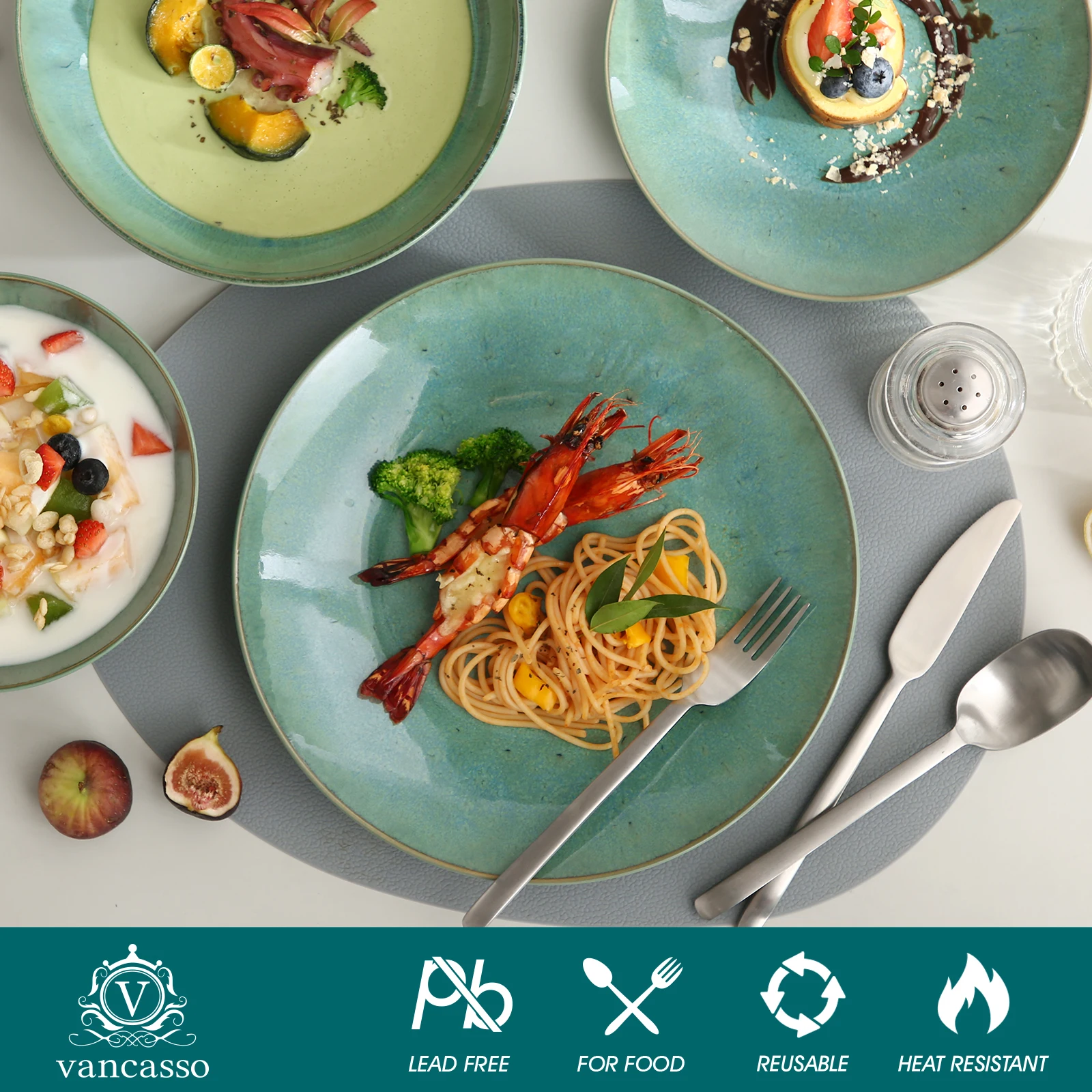 Vancasso KARST 16/32/48 Piece Green Embossed Stoneware Tableware Set with Dinner/Dessert Plate/Soup Bowl/Mug Service for 4/8/12 - Image 2