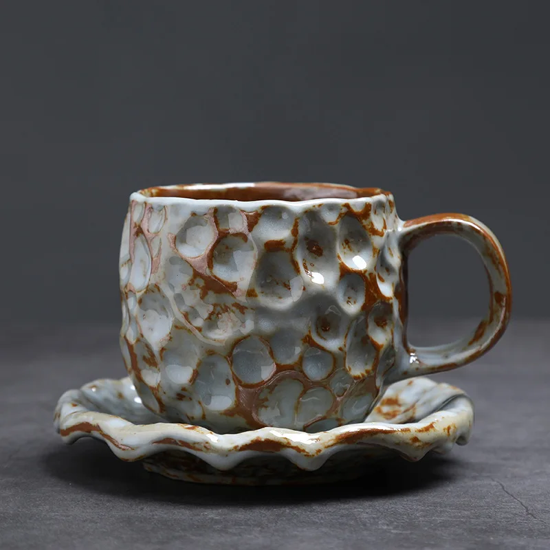 Handmade Stoneware Coffee Mug Set Ceramic Cup Saucer with Rustic Glaze Hand-Thrown Pottery Espresso Latte Coffee Lover Gifts - Image 4