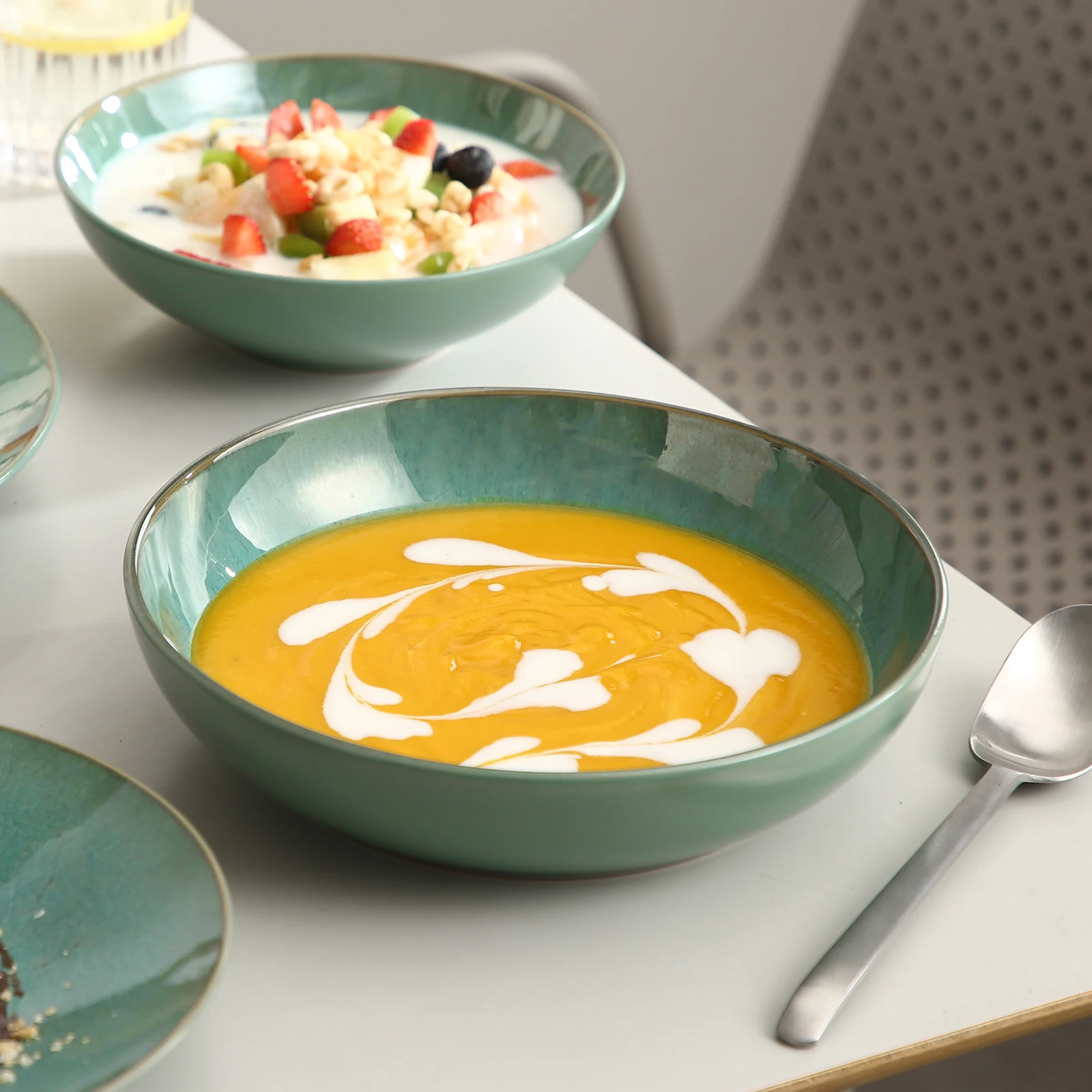 Vancasso KARST 16/32/48 Piece Green Embossed Stoneware Tableware Set with Dinner/Dessert Plate/Soup Bowl/Mug Service for 4/8/12 - Image 5