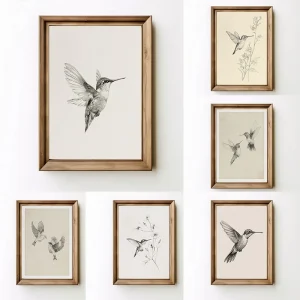Vintage Minimalist Hummingbird Sketch Bird Animal Drawing Illustration Poster Canvas Painting Wall Art Pictures Home Decor